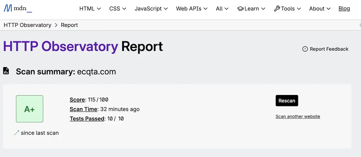 Mozilla Observatory A+ Grade